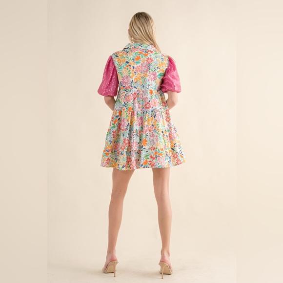 081 • Floral Button-Front Baby Doll Cotton Dress with Pink Puff Sequined Sleeves - Picture 11 of 12